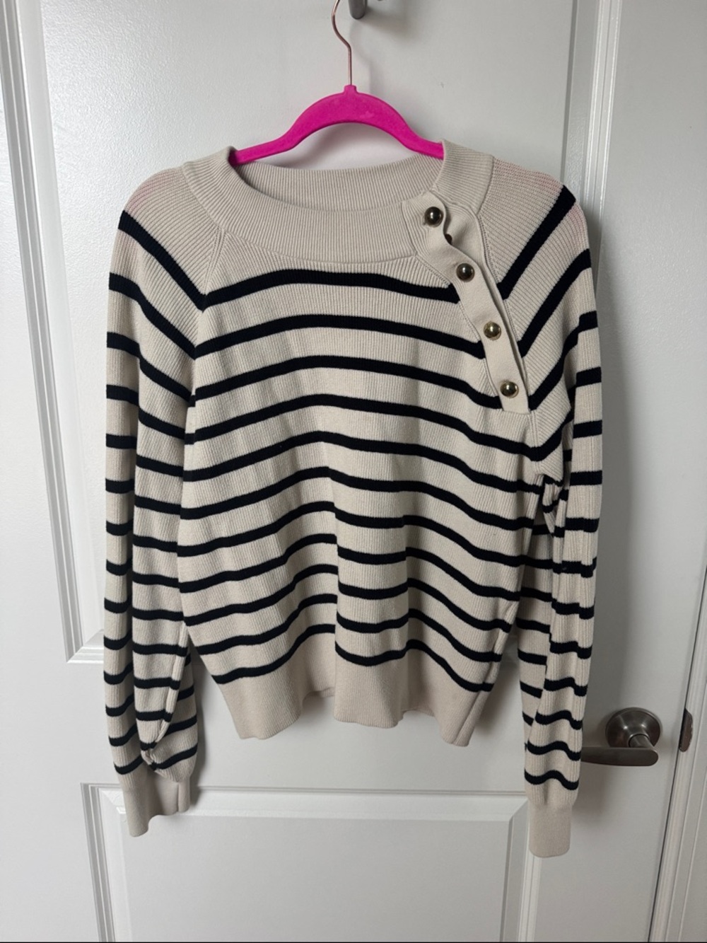 Who What Wear Cream & Black Striped Button-Shoulder Crew Sweater